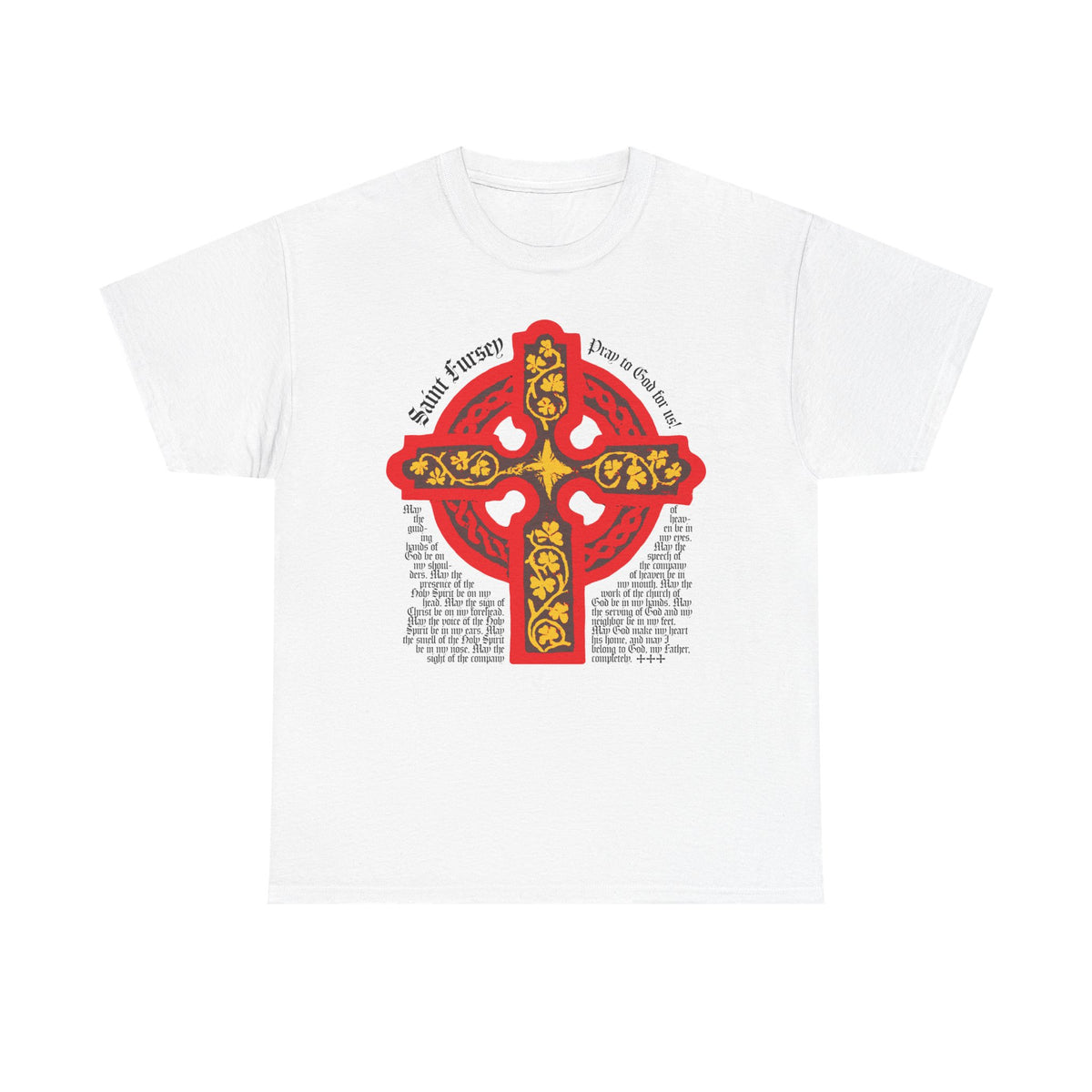 White unisex cotton tee featuring a red & yellow Celtic cross and Lorica Shield prayer of St Fursey, inspired by the Irish Orthodox Western Rite.