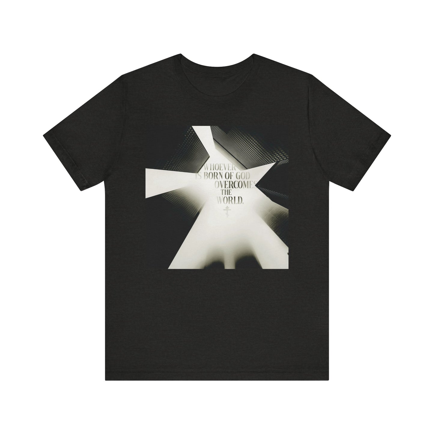 Black Heather unisex T-shirt, "Whoever is Born of God Overcomes the World (St John the Theologian)," features a modern cityscape design with abstract light shapes and an inspirational message inspired by 1 John 5:1-4, affirming that Jesus is the Christ. Made from lightweight cotton and perfect for Orthodox Christians.