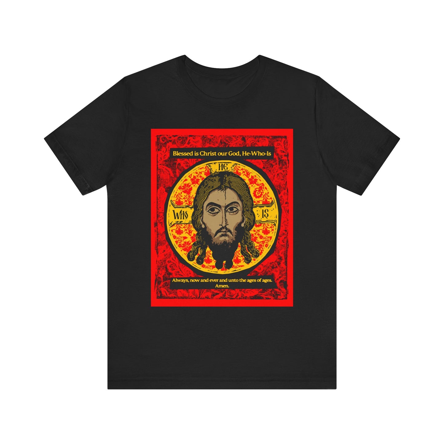 Black “Made Without Hands” tee features a graphic of Jesus Christ (Mandylion), inspired by Orthodox iconography and hymns, with red and yellow borders. Lightweight cotton, unisex design; ideal for Christian faith expression.