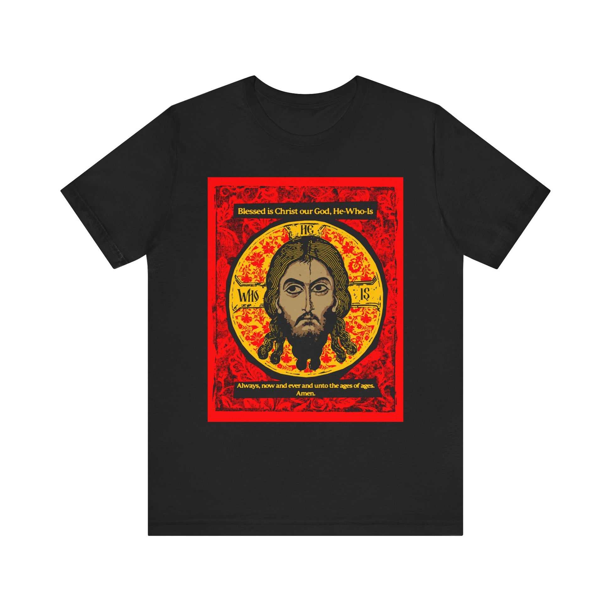 Black “Made Without Hands” tee features a graphic of Jesus Christ (Mandylion), inspired by Orthodox iconography and hymns, with red and yellow borders. Lightweight cotton, unisex design; ideal for Christian faith expression.