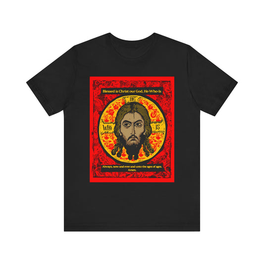 Black “Made Without Hands” tee features a graphic of Jesus Christ (Mandylion), inspired by Orthodox iconography and hymns, with red and yellow borders. Lightweight cotton, unisex design; ideal for Christian faith expression.
