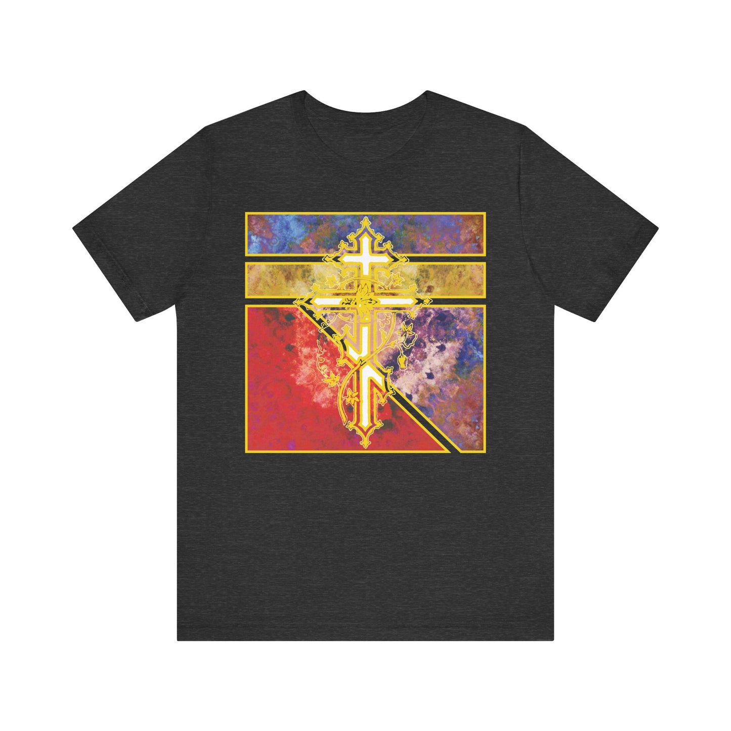 Dark Grey Heather t-shirt featuring an ornate Orthodox cross with vine over a textured geometric pattern; lightweight cotton unisex design.