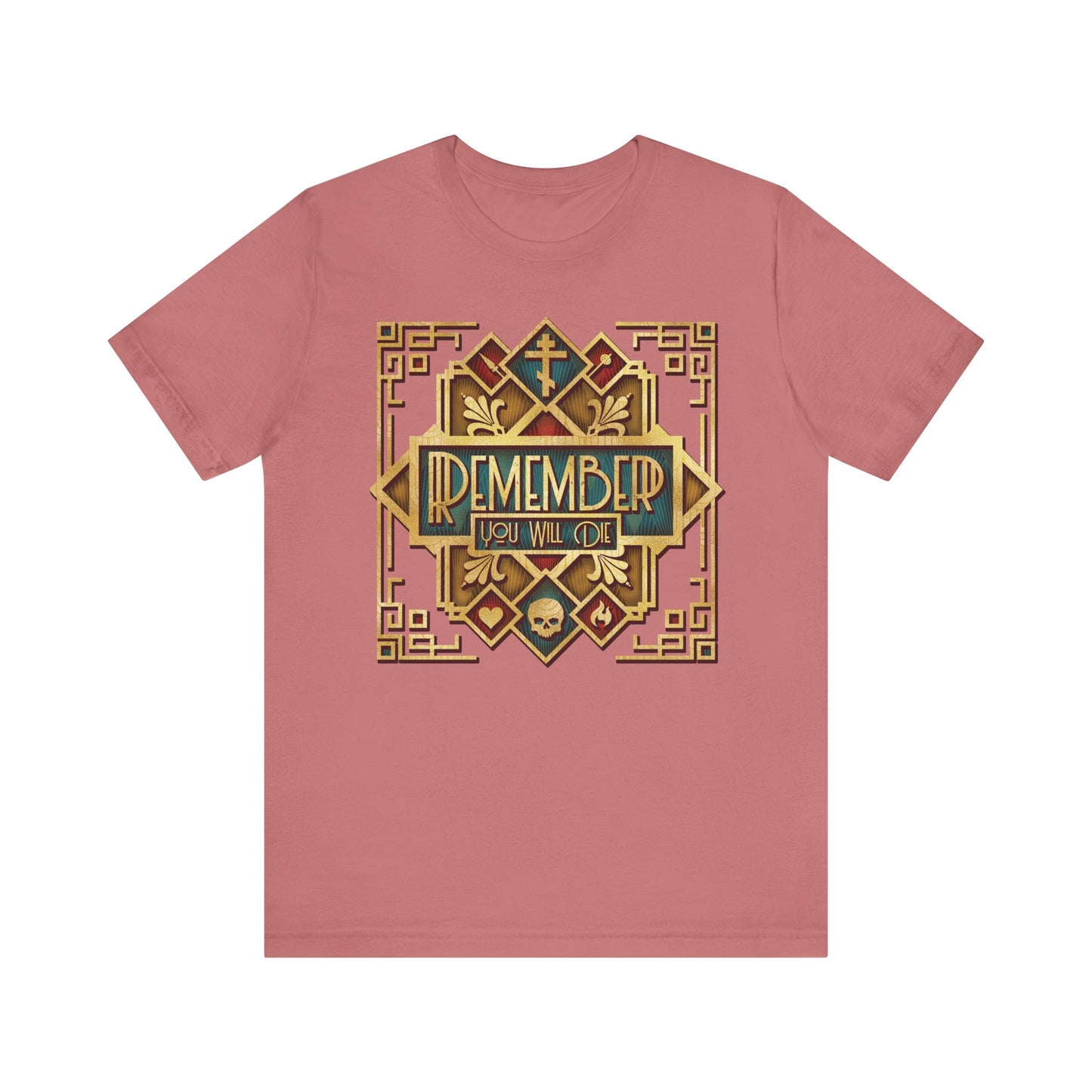 Mauve t-shirt featuring a classic metallic Art Deco design with an ornate gold frame and the text "Remember You Will Die" above a small skull illustration, inspired by Elder Ephraim’s Orthodox Christian wisdom on eternal life.