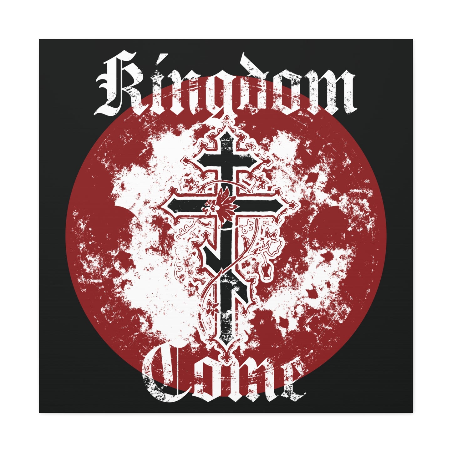 Featuring two black Orthodox crosses with vine on a red, grunge-textured circle, this Kingdom Come canvas art displays “Thy Kingdom Come” in textured gothic font—an Orthodox Christian tribute inspired by the Lord’s Prayer.