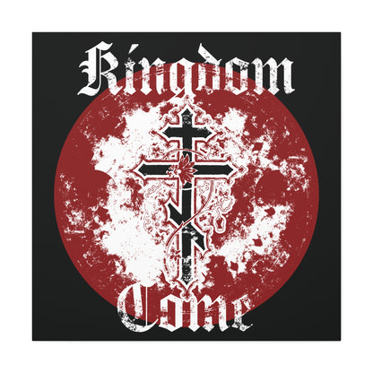 Featuring two black Orthodox crosses with vine on a red, grunge-textured circle, this Kingdom Come canvas art displays “Thy Kingdom Come” in textured gothic font—an Orthodox Christian tribute inspired by the Lord’s Prayer.