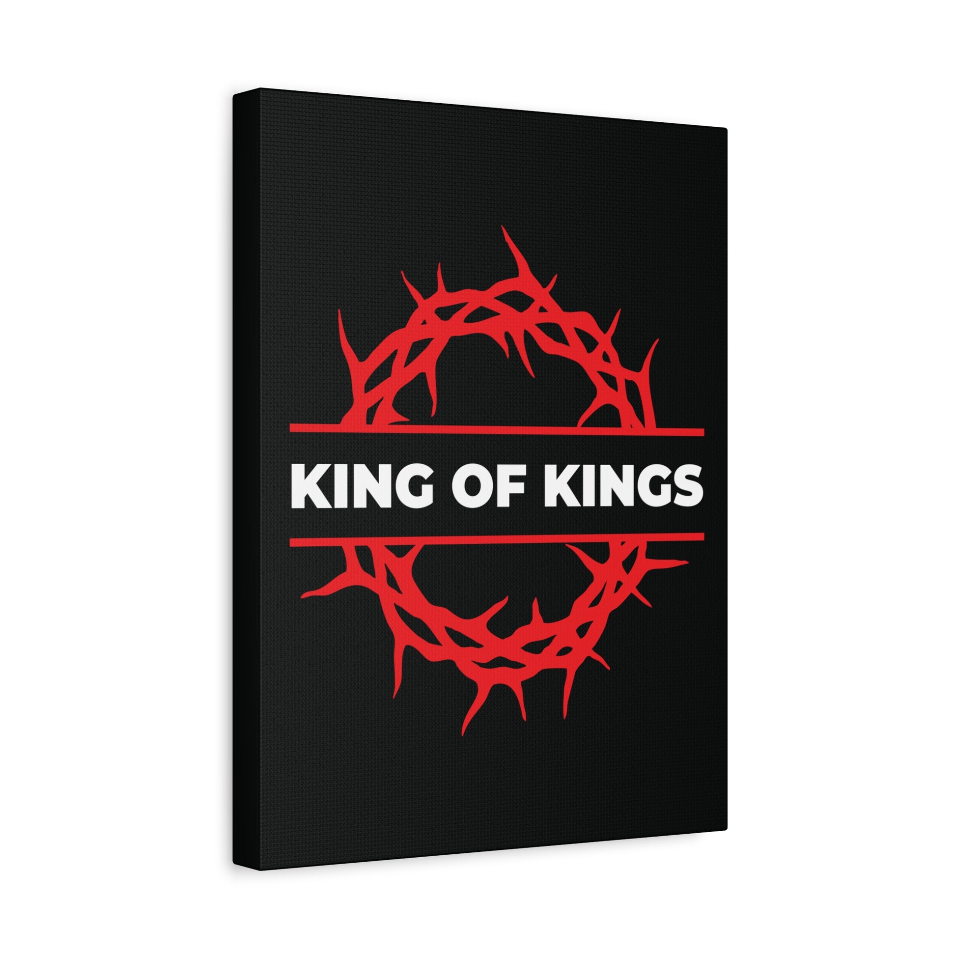 Black canvas art features a red crown of thorns and bold white "KING OF KINGS" text, inspired by Revelation 19:16. Christ is King—The King of Glory—statement piece for believers.