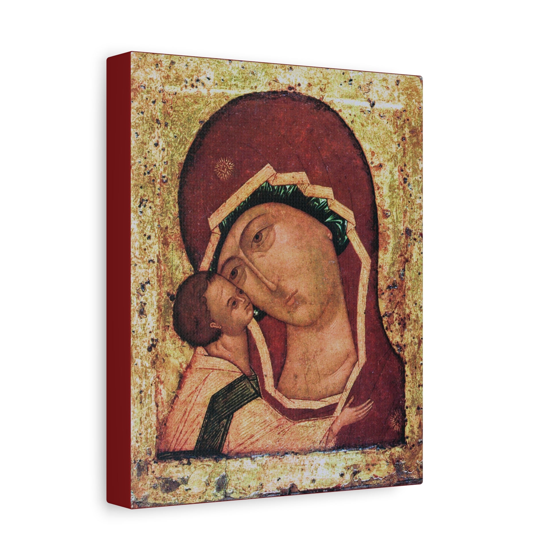 A canvas wall art print featuring a solemn woman and child, inspired by the revered Igorevskaya Russian Icon of the Mother of God (Theotokos Tenderness, Eleusa), set against a textured gold-toned background in the style of Orthodox Christian iconography.