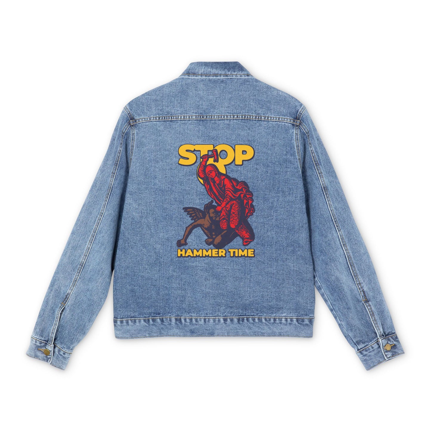 Blue jean jacket featuring St Marina of Antioch beating the devil with a hammer, “STOP HAMMER TIME” text, and modern Orthodox meme art in red, blue, and yellow.