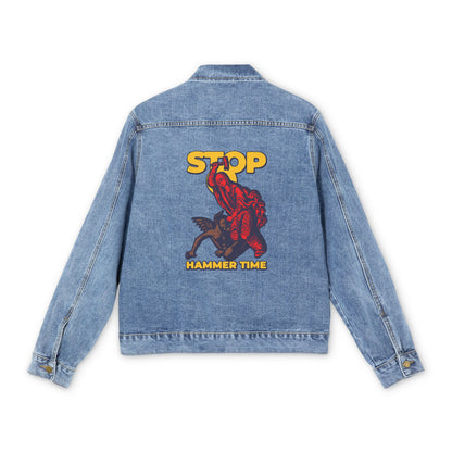 Blue jean jacket featuring St Marina of Antioch beating the devil with a hammer, “STOP HAMMER TIME” text, and modern Orthodox meme art in red, blue, and yellow.