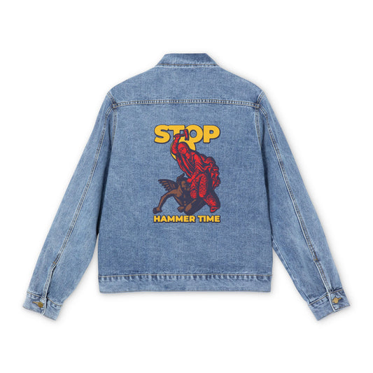 Blue jean jacket featuring St Marina of Antioch beating the devil with a hammer, “STOP HAMMER TIME” text, and modern Orthodox meme art in red, blue, and yellow.