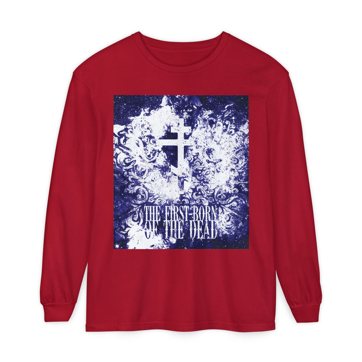 Red long-sleeve cotton shirt featuring a glowing white & blue textured cosmic Orthodox cross and "The First-Born of the Dead" text, inspired by the Resurrection and Apocalypse.