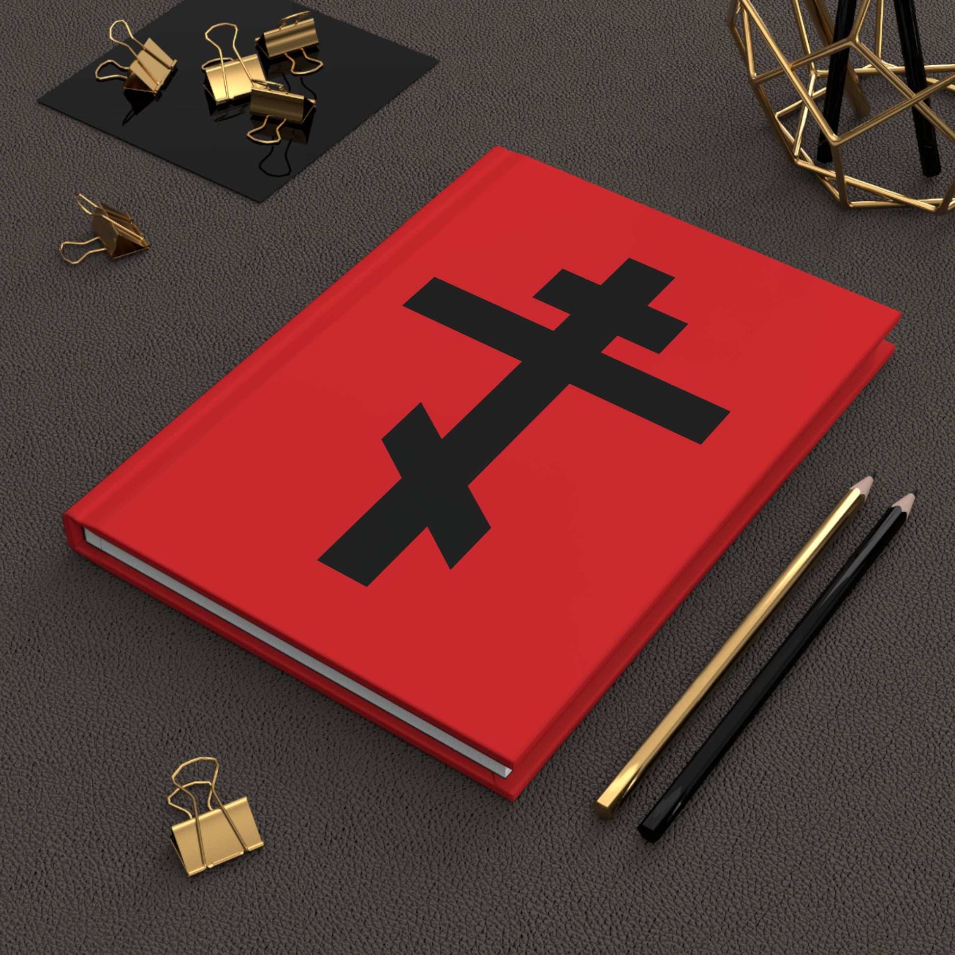 A red hardcover journal featuring a black Orthodox cross and Galatians 6:14—ideal for notes during Matins Hymn or reflections on St John Chrysostom’s Commentary on Galatians.