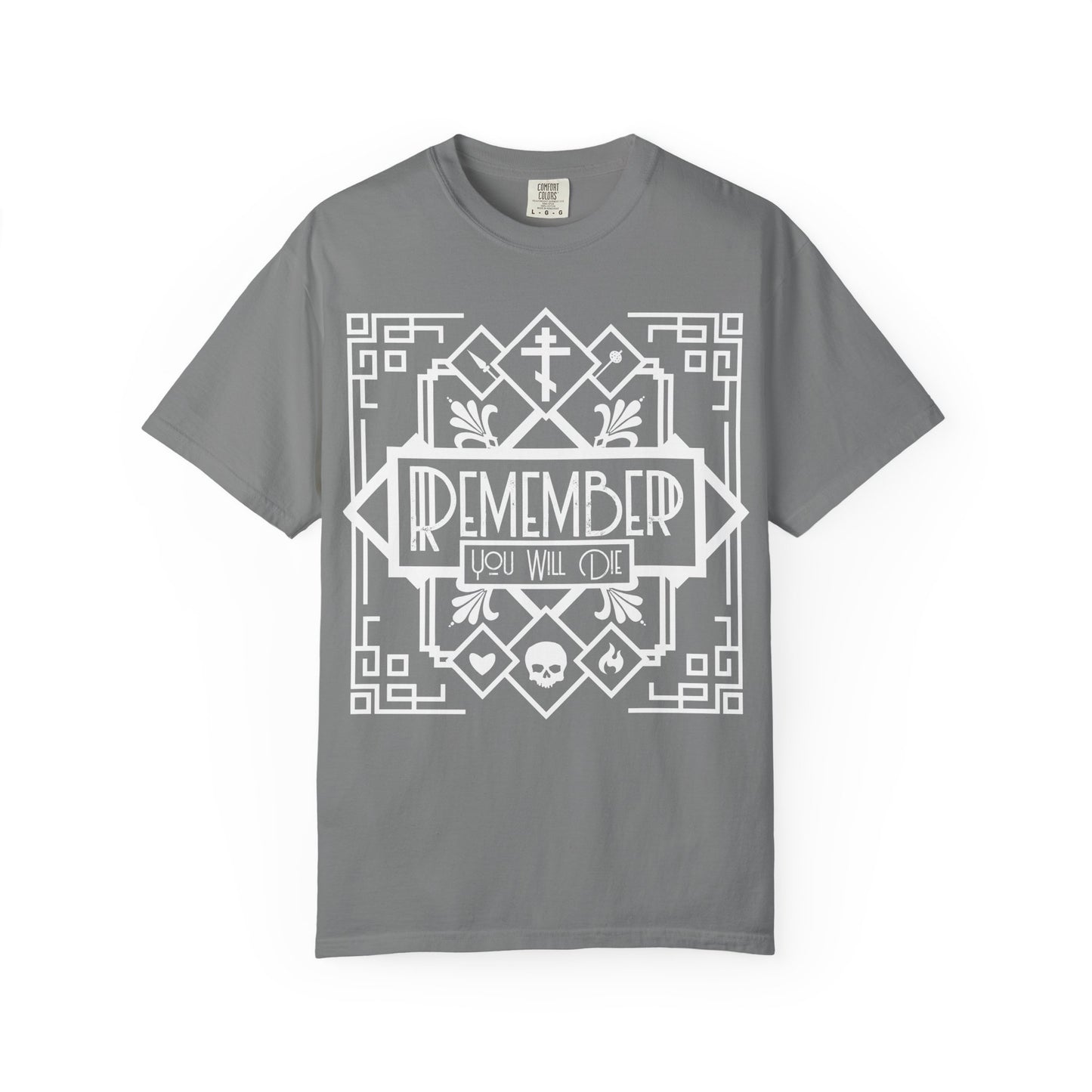 Remember You Will Die Art Deco Design | Black and White Line Art | Skull Heart Fire | Memento Mori | Heavyweight Cotton Unisex T-Shirt