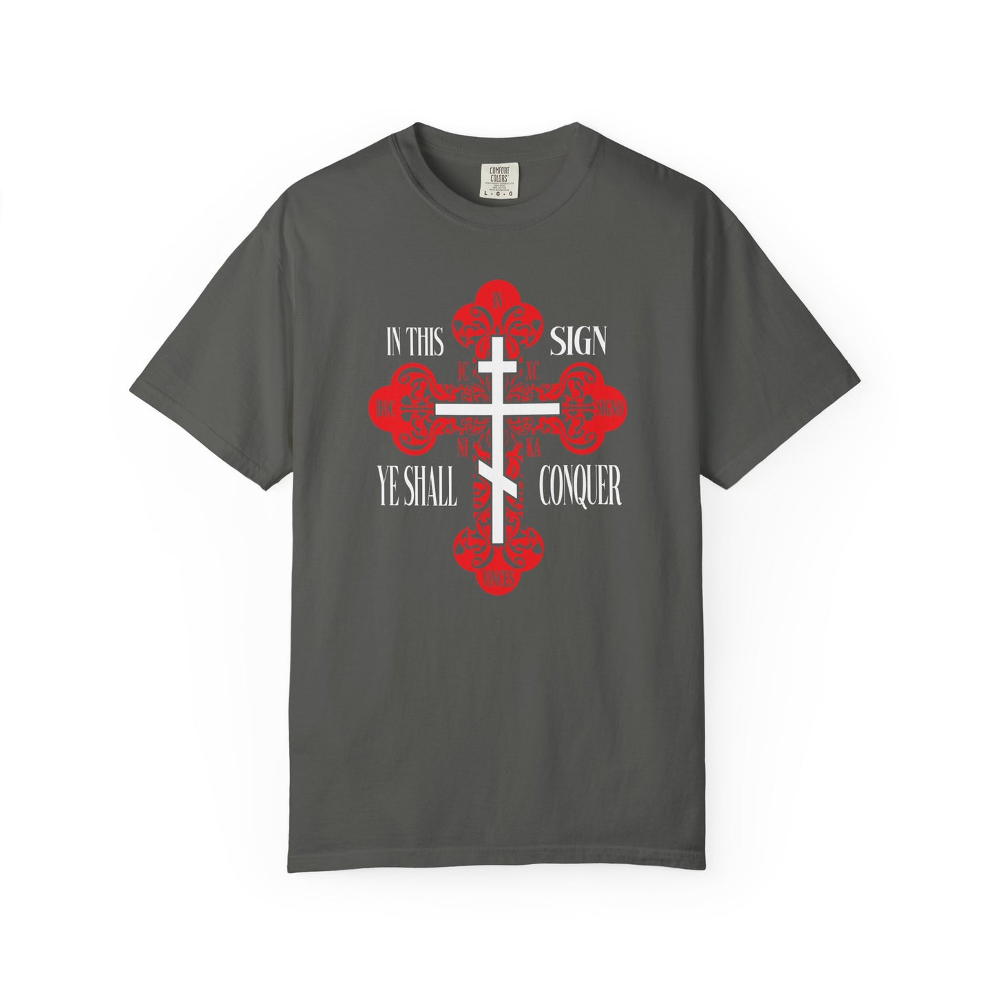 Pepper heavyweight cotton unisex T-shirt featuring a red ornate Orthodox cross and the text "In This Sign Ye Shall Conquer"—a tribute to spiritual victory, inspired by "In Hoc Signo Vinces" and ICXC NIKA.