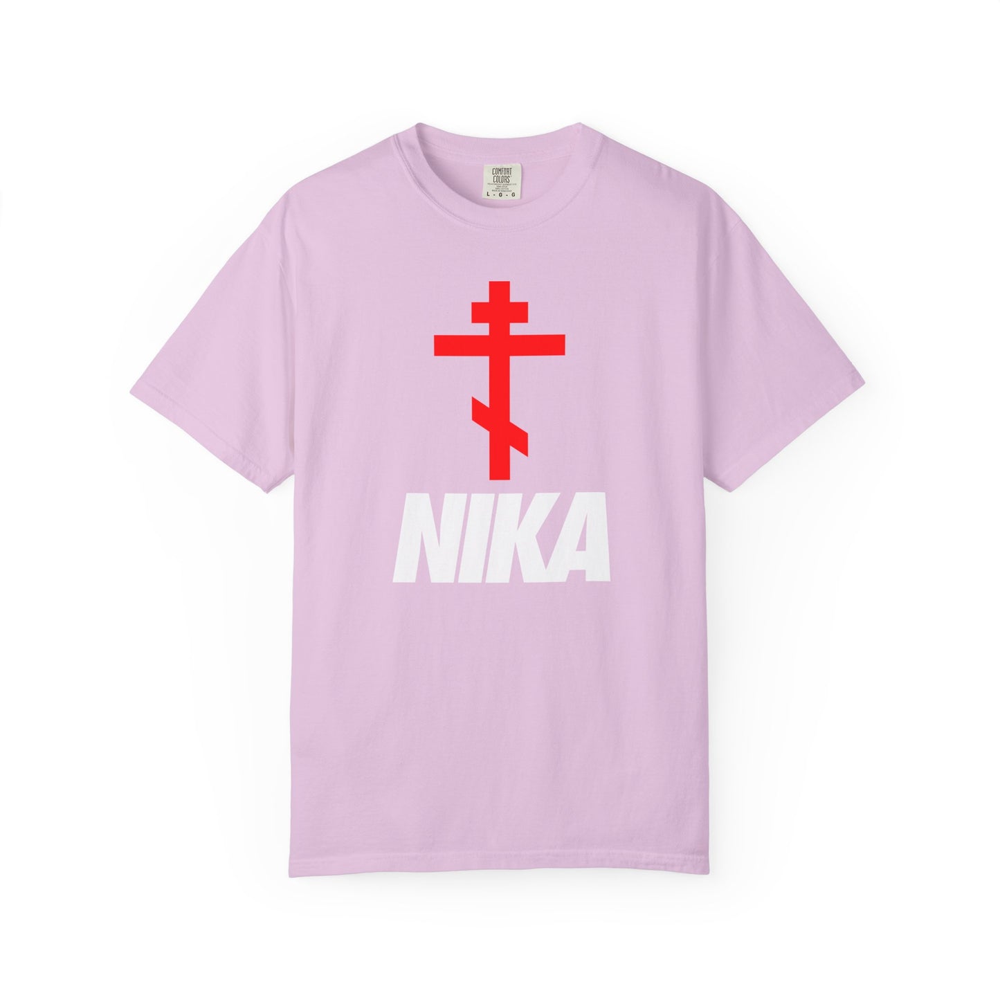 Orchid t-shirt featuring a red Orthodox cross above bold white NIKA text, inspired by Revelation 3:21. Minimalist heavyweight cotton unisex tee. Orthodox Cross with Bold NIKA Text | NIKE Logo Mashup | Athletic Ascetic Fashion.
