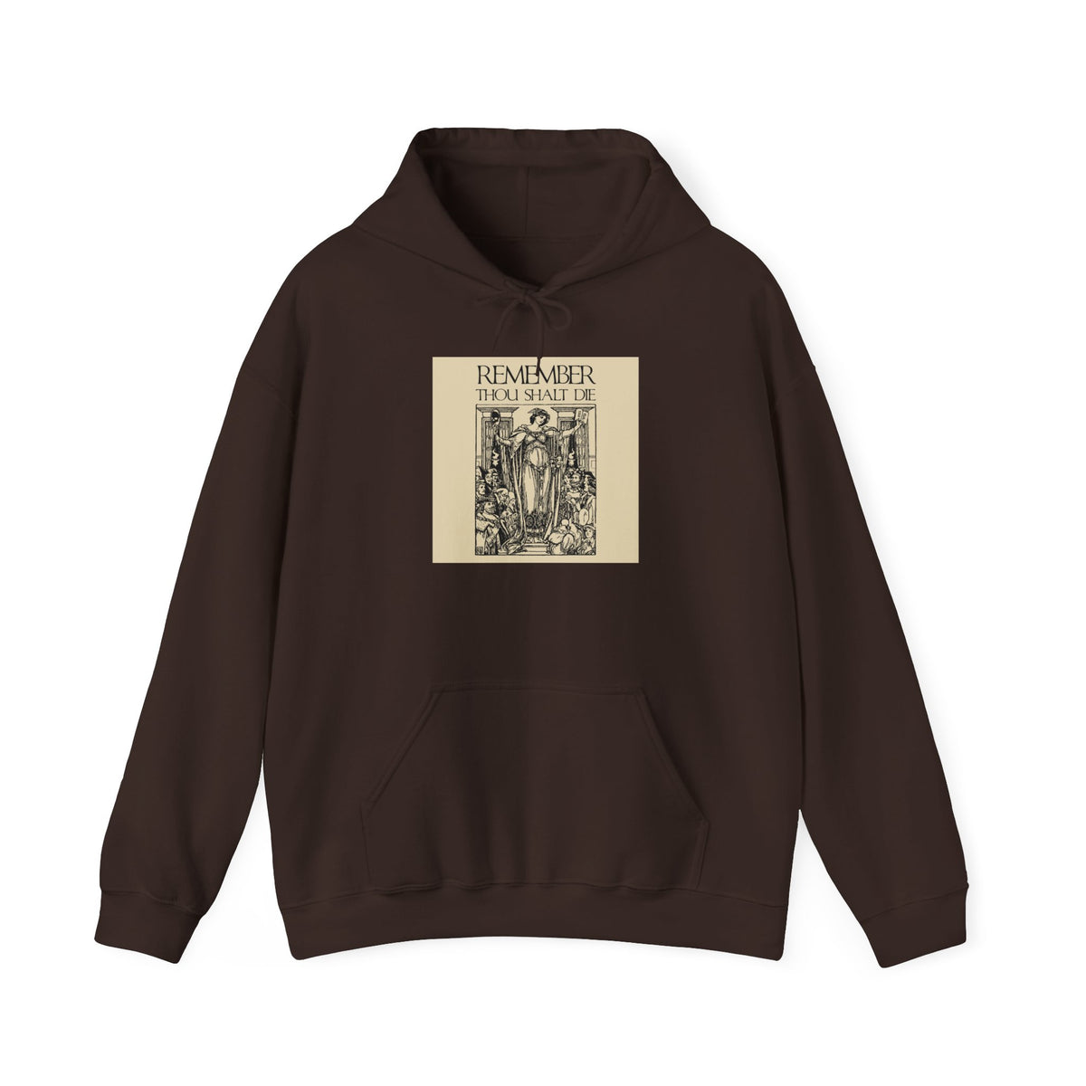 Dark Chocolate Remember You Will Die Shakespearean Design Orthodox Christian Hoodie featuring a classic woodcut illustration and the text REMEMBER THOU SHALT DIE on the front, inspired by St. Ephraim the Syrian’s meditations on lamentation and mortality.