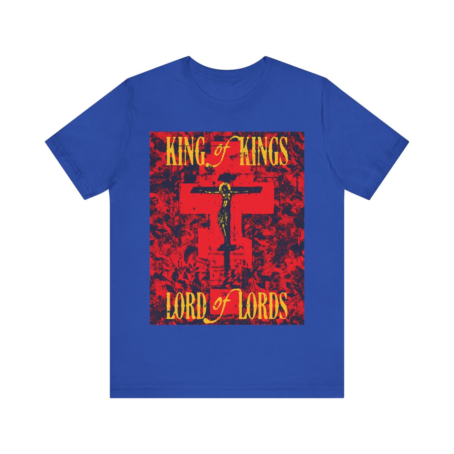 King of Kings, Lord of Lords | Christ Crucified Orthodox Icono-Graphic | Yellow & Red Design | Nature Texture | Lightweight Cotton Unisex T-Shirt