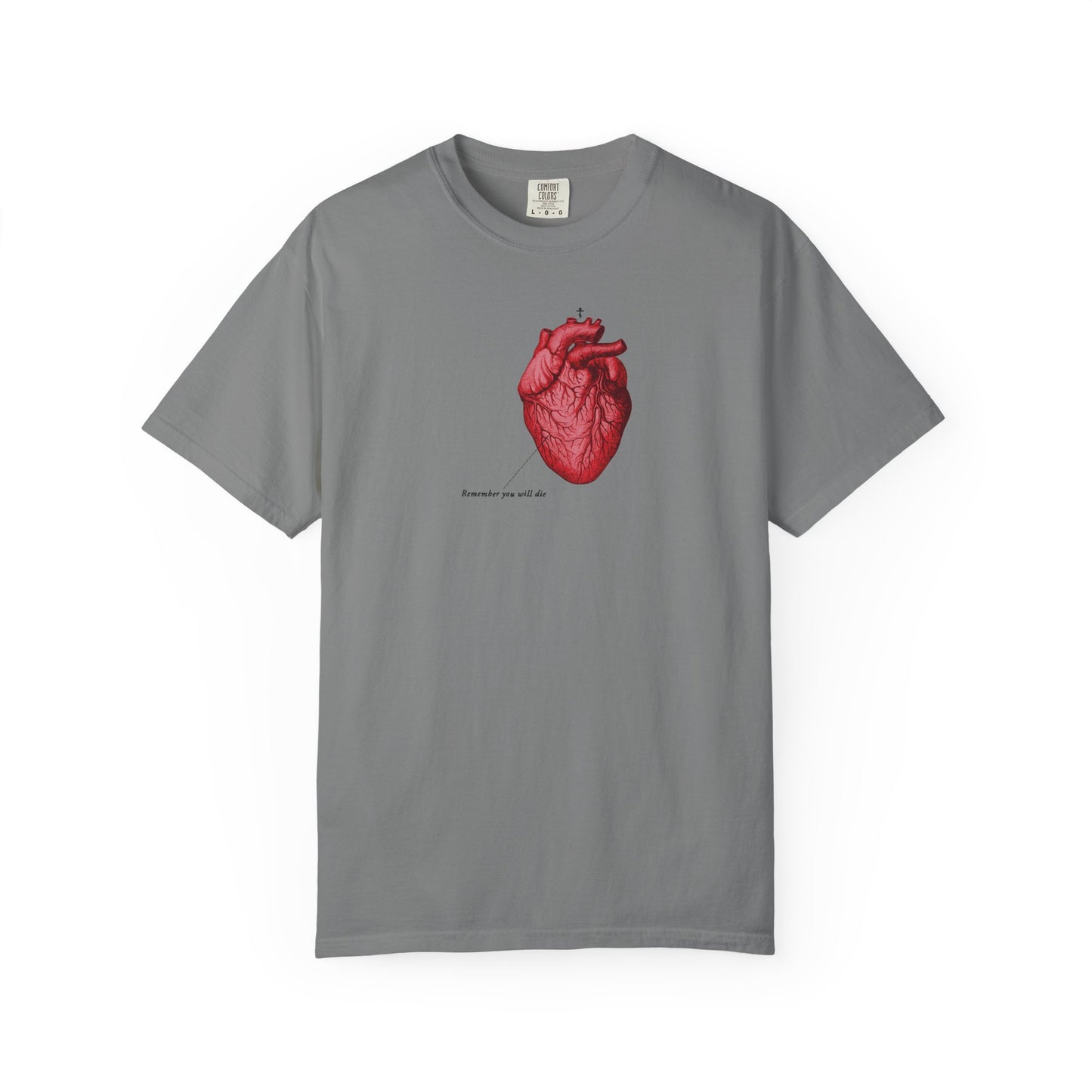 Grey heavyweight cotton unisex t-shirt featuring a retro medical heart and the text "Remember You Will Die"—a memento mori design inspired by themes of reflection. Product name: Remember You Will Die | Retro Medical Textbook Heart.