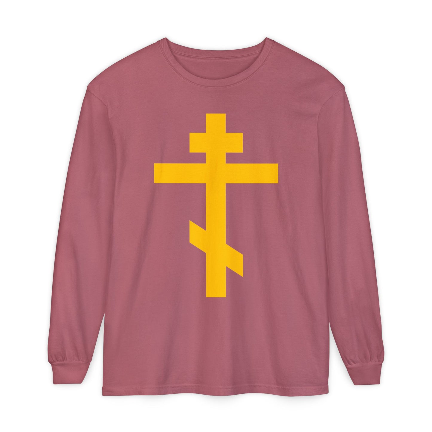 Crimson long-sleeve Christian cotton shirt featuring a large yellow Orthodox cross—"Precious and Life-Giving Weapon of Unseen Warfare, Scourge of Demons"—to remind you that Christ lives in you.