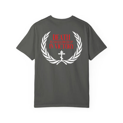 Archangel Michael of the Apocalypse Iconographic / Death is Swallowed Up In Victory DOUBLE-SIDED Orthodox Unisex Tee, a heavyweight cotton gray shirt featuring a white laurel, cross, and bold red text: DEATH IS SWALLOWED UP IN VICTORY—drawing inspiration from the Miracle of Archangel Michael and the triumphant spirit of Revelation 12.