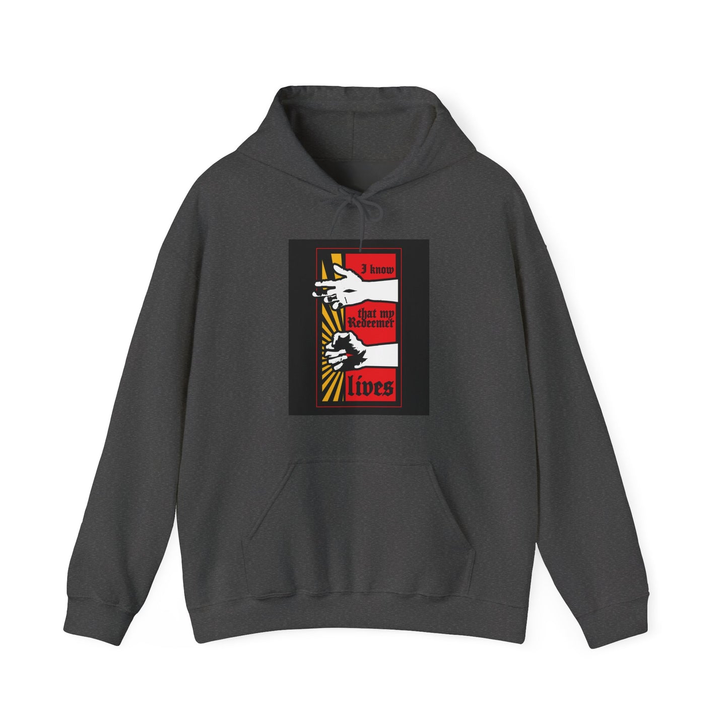Dark Heather hoodie featuring a comic book style design of resurrected Jesus’ fist with divine power and bold text: "I Know That My Redeemer Lives" (Job 19:25). Orthodox Christian apparel.