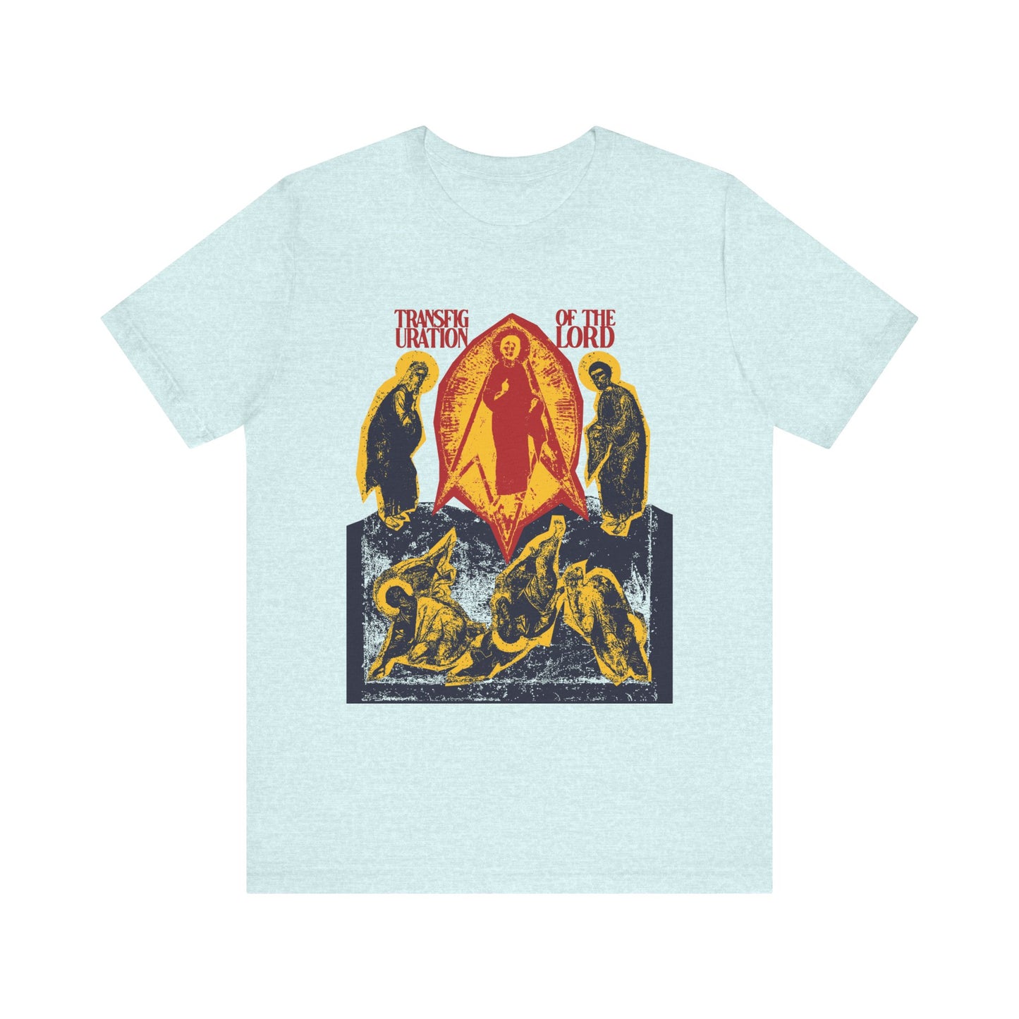 Heather Prism Ice Blue unisex tee featuring a punk zine cut-out style iconographic artwork and the text "Transfiguration of the Lord," inspired by Orthodox Christian themes and St. Ephraim the Syrian. Lightweight cotton.