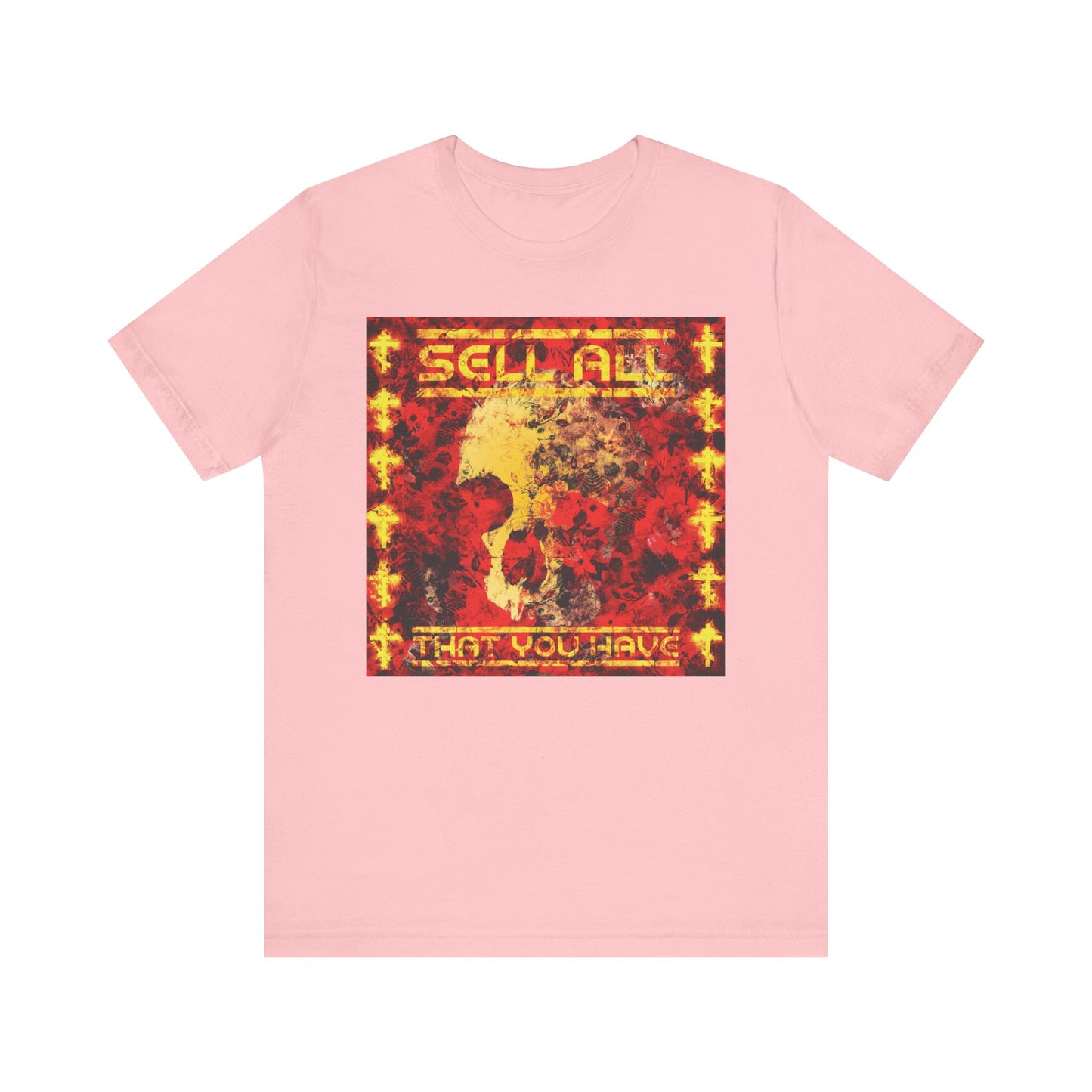 Certainly! Here’s the rewritten sentence using your product data: The "Sell All That You Have No. 1" Orthodox Christian Lightweight Cotton Unisex Tee in pink features a red and yellow abstract design inspired by the teachings of Jesus Christ, with bold text that reads SELL ALL THAT YOU HAVE—a striking reference to seeking eternal life.