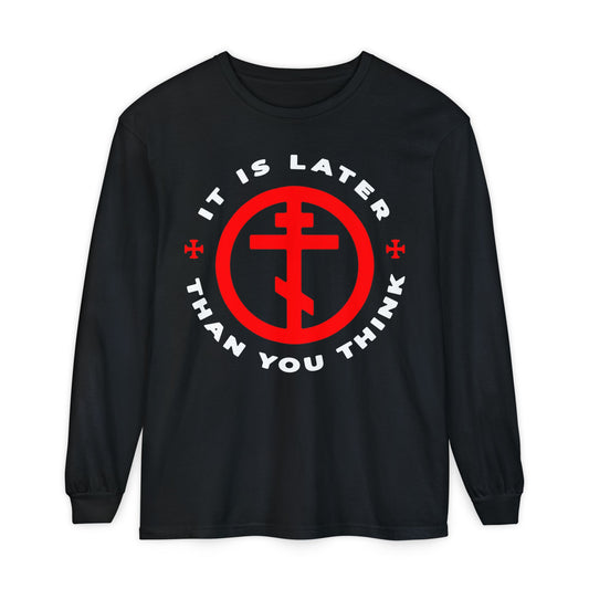 Black long-sleeve "It Is Later Than You Think" shirt featuring a red Orthodox cross in a circle, inspired by Fr Seraphim Rose and Romans 13:10-12. Memento Mori & Apocalypse design highlights the call to don the armour of light.