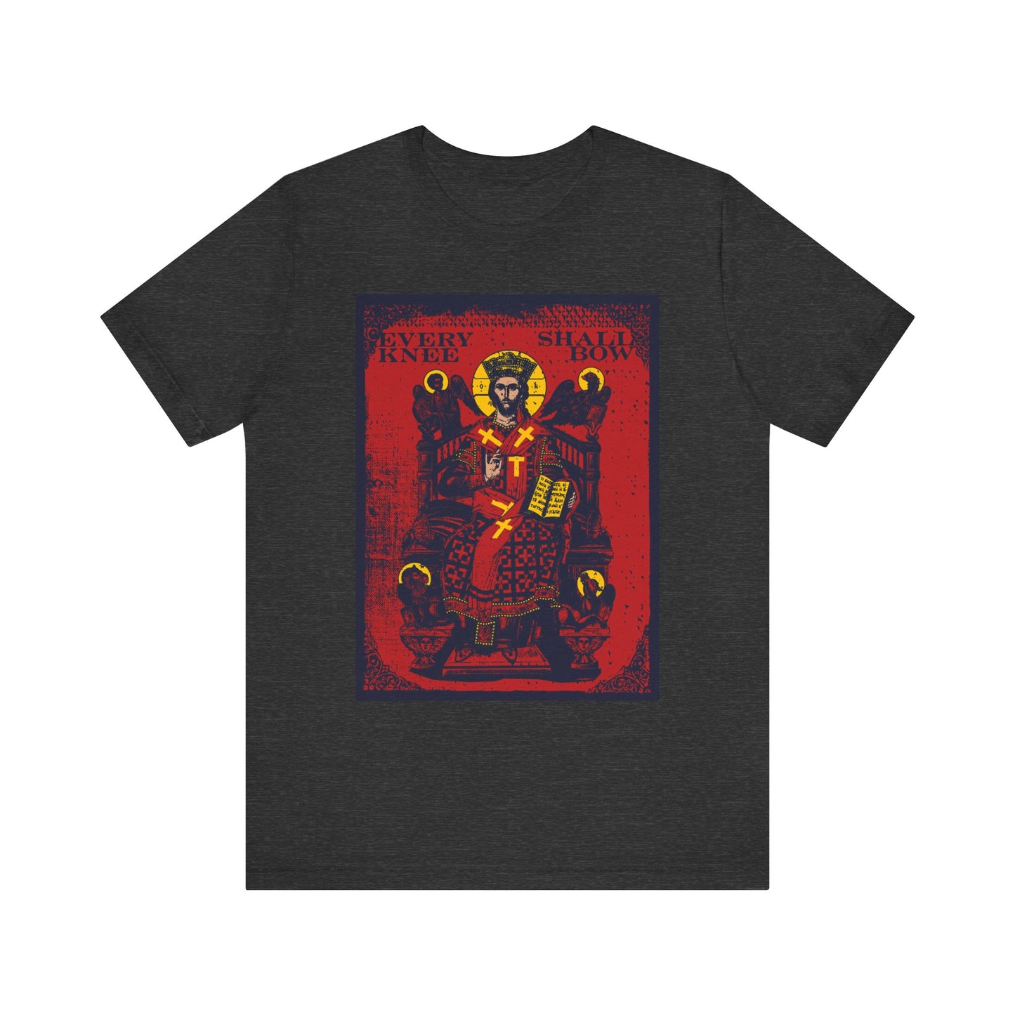 Dark Grey Heather t-shirt featuring "Every Knee Shall Bow" (Phil 2:8-11, Isaiah 45:23) Christ Enthroned IconoGraphic and Ezekiel’s Chariot, printed on lightweight cotton. Reflects sovereign majesty—every knee shall bow before Christ.