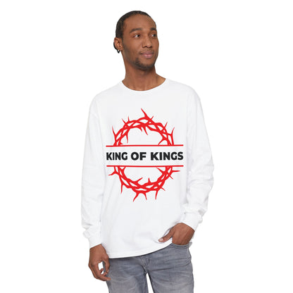 Man in a "King of Kings Crown of Thorns | The King of Glory | Christ is King | Revelation 19:16" Christian cotton long sleeve shirt, featuring a red crown of thorns design, inspired by Christ in Revelation 19.