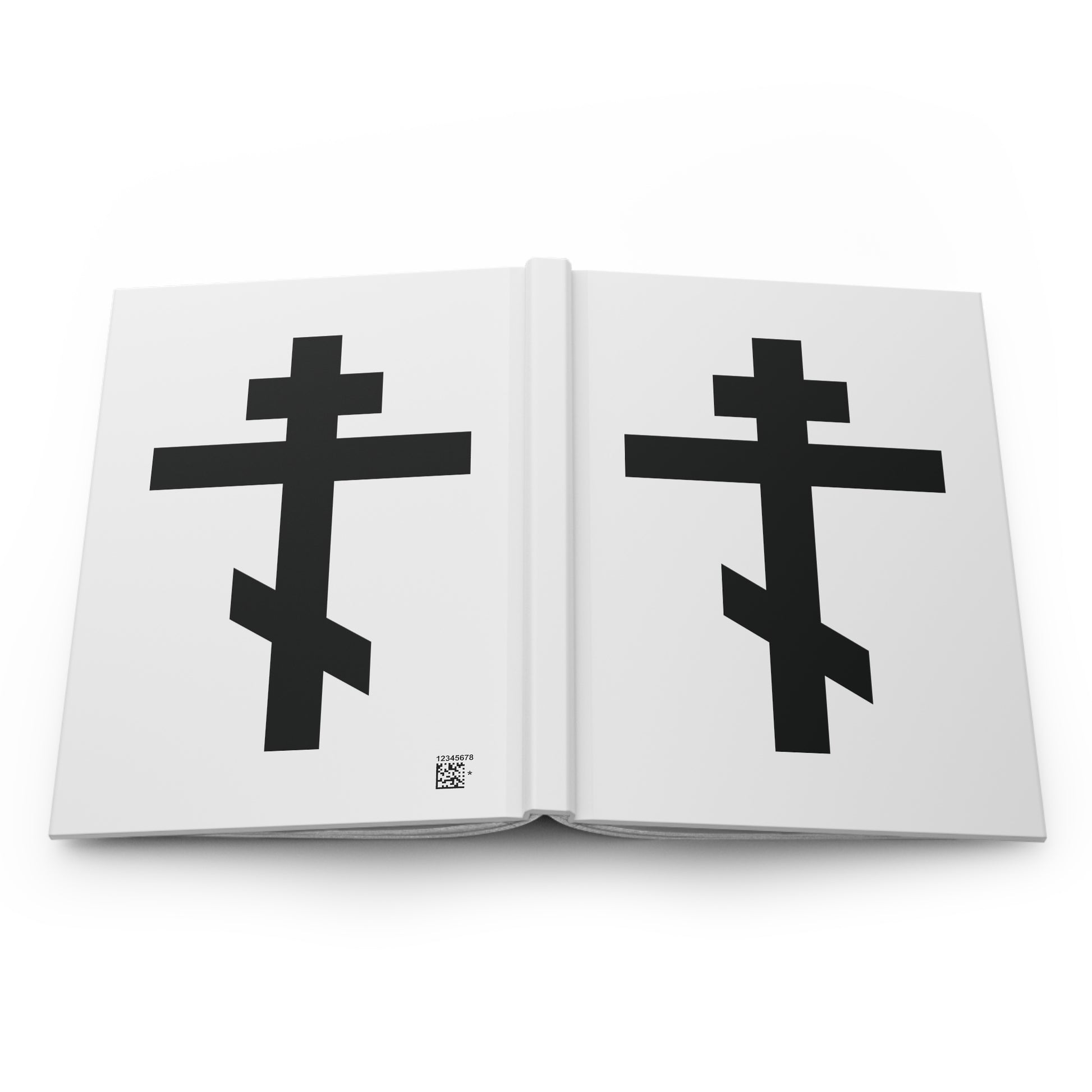 Open journal showing two bold black Orthodox crosses on white pages, inspired by the "Black Orthodox Cross White Background" Hardcover Journal featuring Galatians 6:14: "May I never boast, except in the cross of our Lord Jesus Christ.