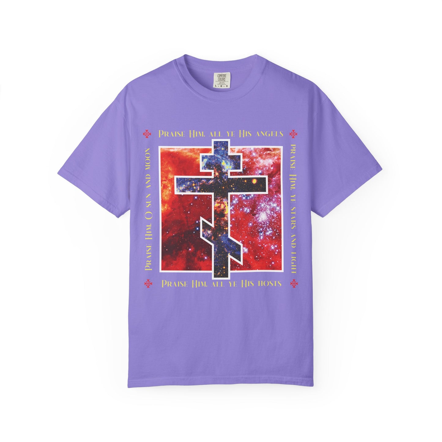 Praise Him All Ye His Angels, Praise Him Ye Stars and Light | Cosmic Orthodox Cross | Divine Council | Heavyweight Cotton Unisex Tee
