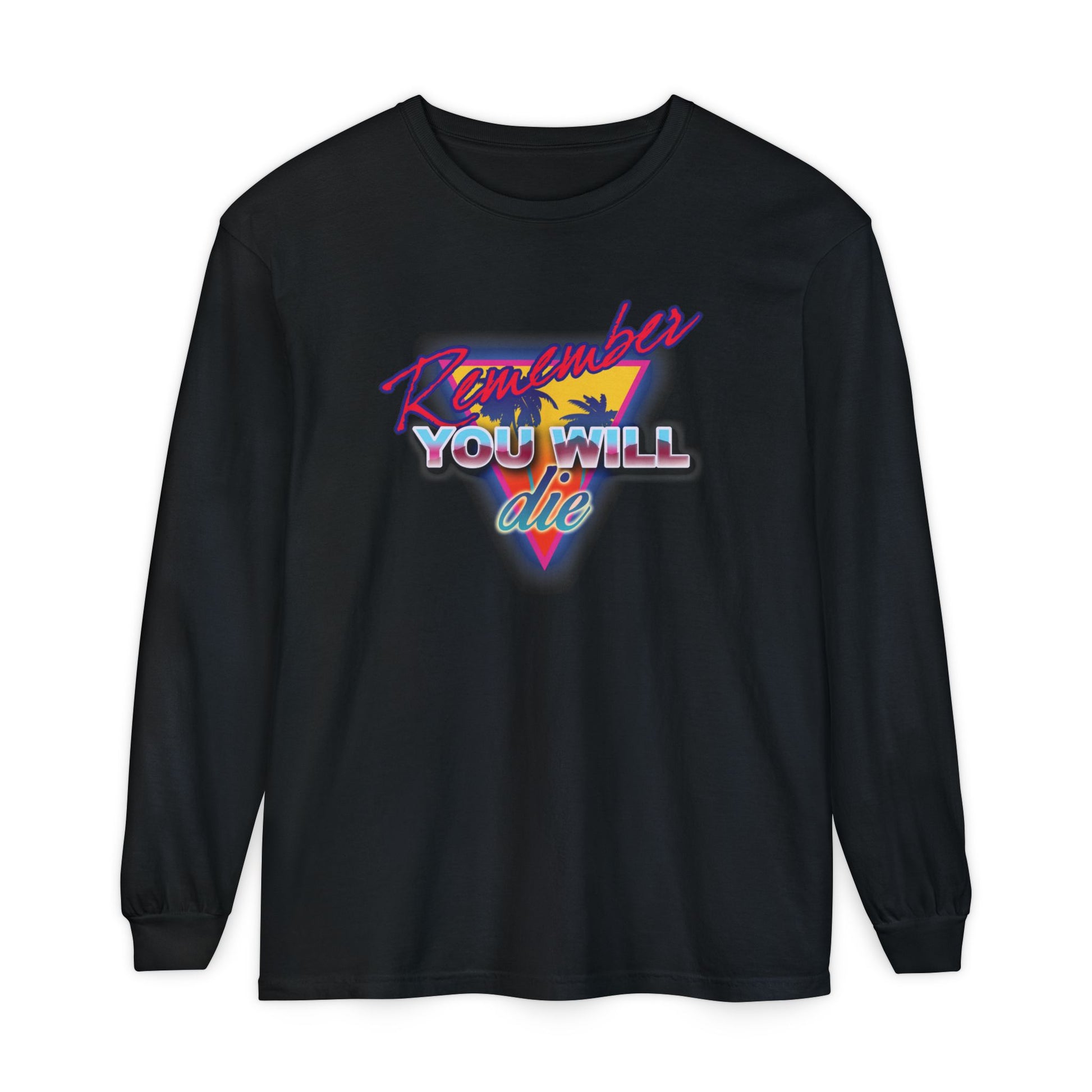 Black Remember You Will Die Palm Tree 80s Retro Synthwave Orthodox long sleeve cotton shirt featuring neon Memento Mori text over a colorful background—a nostalgic nod to St. John Climacus and memento mori teachings.