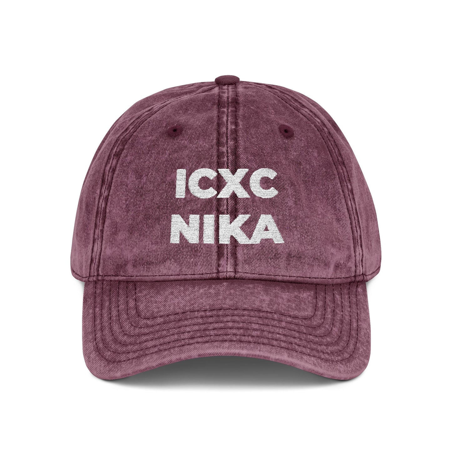 White ICXC NIKA Text Christogram | Orthodox Christian Symbol Meaning "Jesus Christ Conquers" | Christ is King | Denim Embroidered Cap