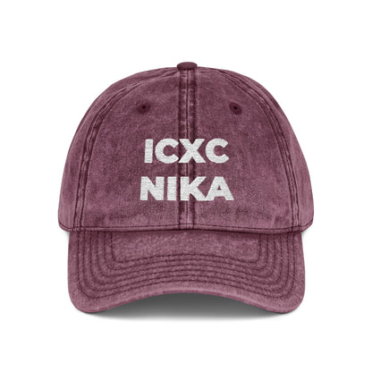 White ICXC NIKA Text Christogram | Orthodox Christian Symbol Meaning "Jesus Christ Conquers" | Christ is King | Denim Embroidered Cap
