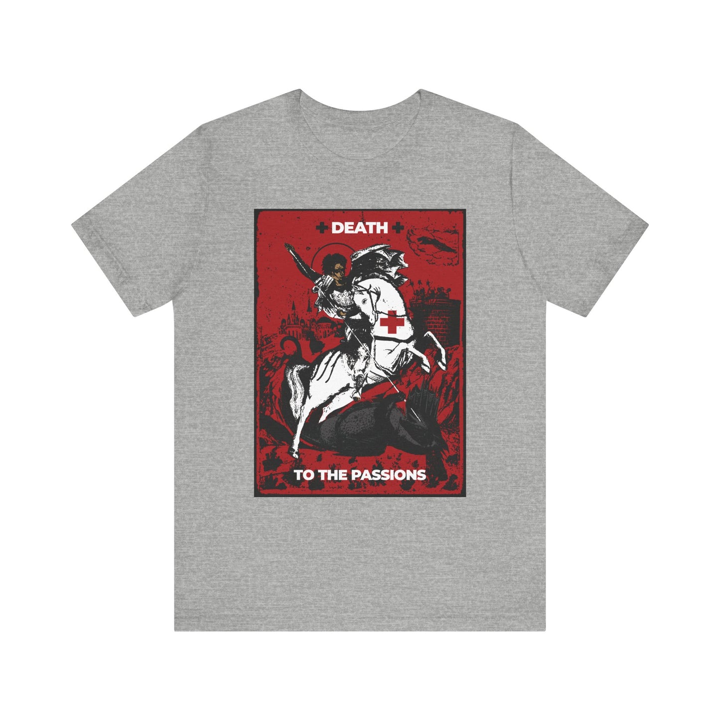 Athletic Heather t-shirt featuring a striking graphic of St George slaying the dragon on a red background, with the text “Death to the Passions”—a bold reminder from ascetic Orthodox Christianity, inspired by Unseen Warfare, to overcome bad desires and fight your passions.