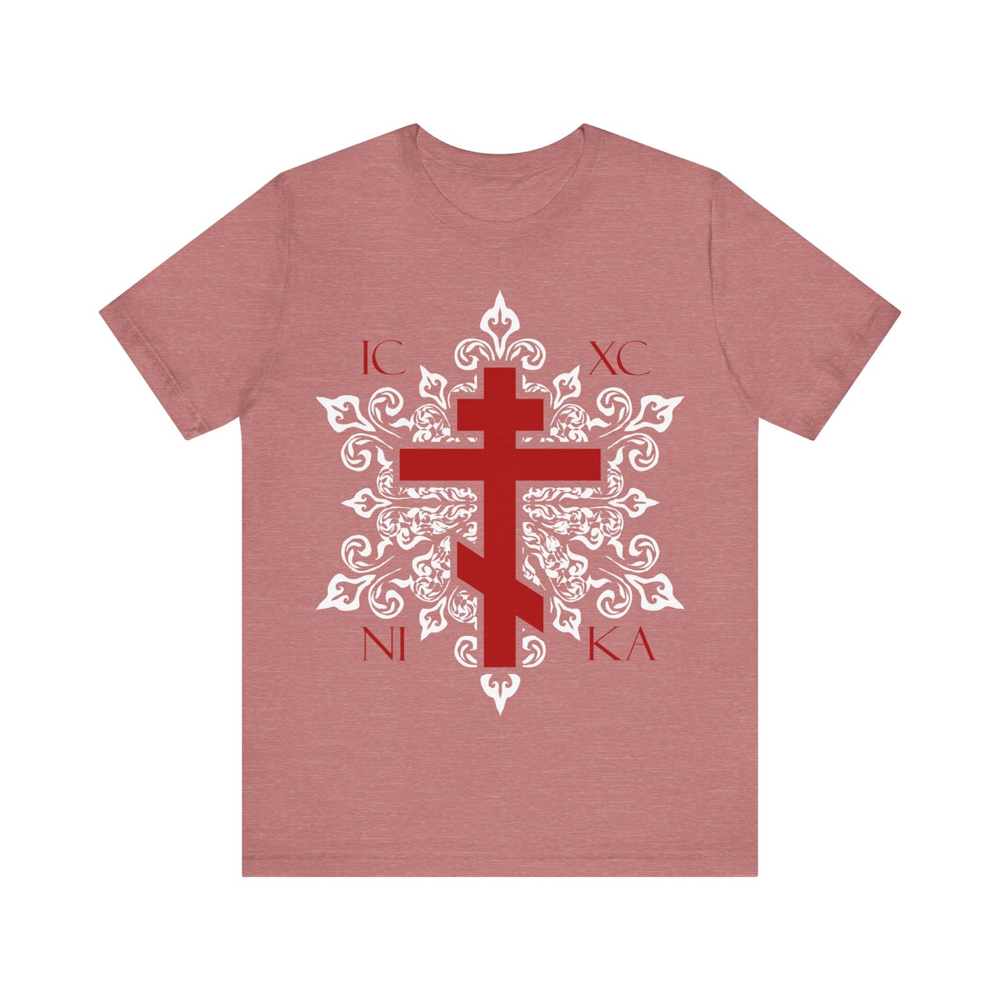 ICXC / NIKA Red Orthodox Cross on Ornate White Medieval Floral Design | Best-Selling Orthodox Christian Cotton Unisex Tee
