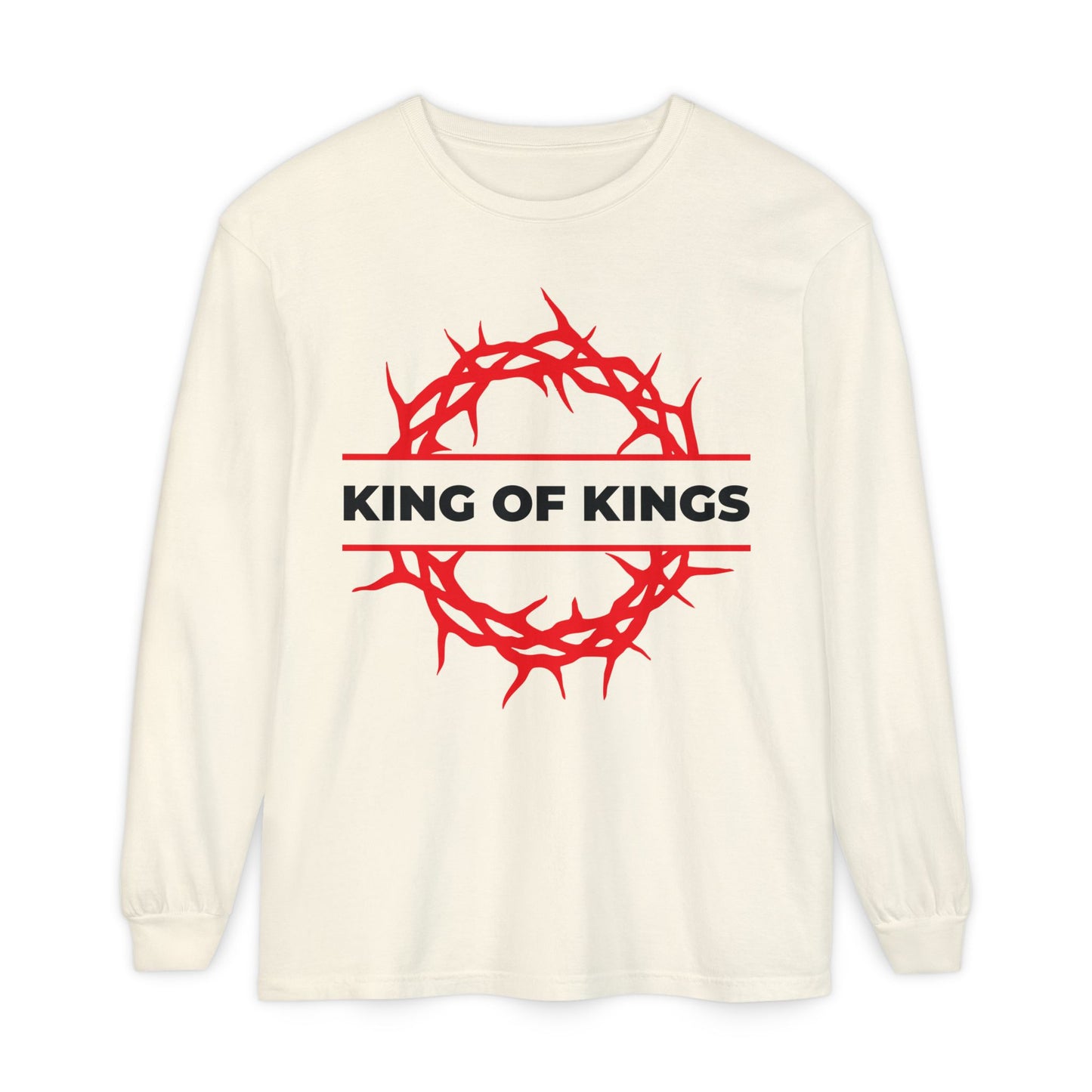 Ivory long-sleeve shirt featuring a red crown of thorns and "KING OF KINGS" text, inspired by Revelation 19:16. King of Kings Crown of Thorns | The King of Glory | Christ is King Christian cotton shirt.