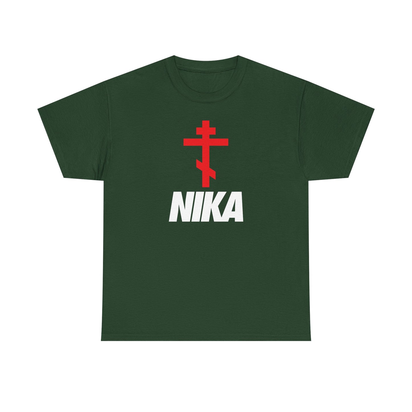 Forest green heavy cotton t-shirt featuring an Orthodox cross and Christogram above bold white NIKA text in a minimalist, athletic-inspired design—a Christian NIKE logo mashup.