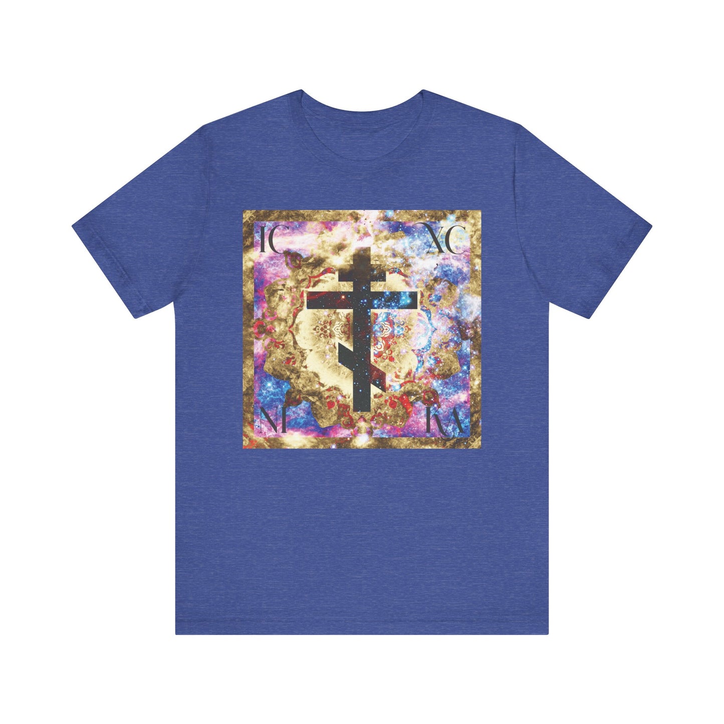 Heather True Royal t-shirt featuring a gold and blue cosmic textured cross design inspired by Orthodox Christianity, with a large double-barred cross at the center symbolizing the power of the Cross and deliverance from evil, as inspired by St. John of Kronstadt. Product name: ICXC NIKA Gold & Blue Colorful Cosmic Textured Cross | Orthodox Christian Lightweight Cotton Unisex T-Shirt.