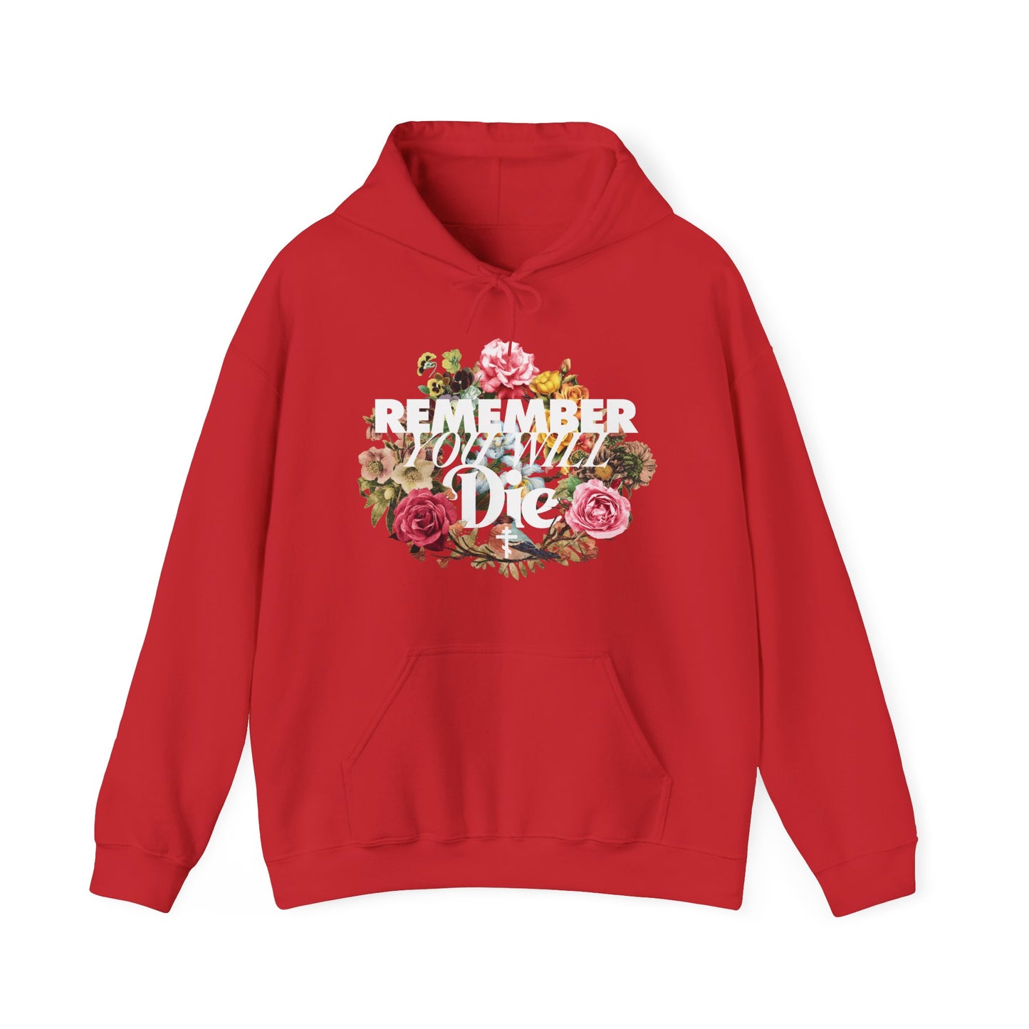 Remember You Will Die | Cross | Classic Typography & Floral Wreath Design (FRONT PRINT) | Memento Mori | Orthodox Christian Hoodie
