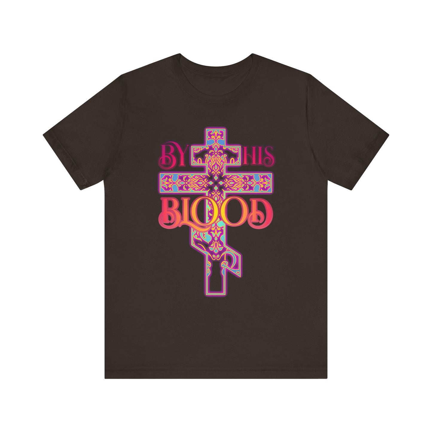 Brown t-shirt featuring a glowing ornate Orthodox cross and “By His Blood” in an 80s color scheme, celebrating eternal redemption. Lightweight cotton, unisex fit.