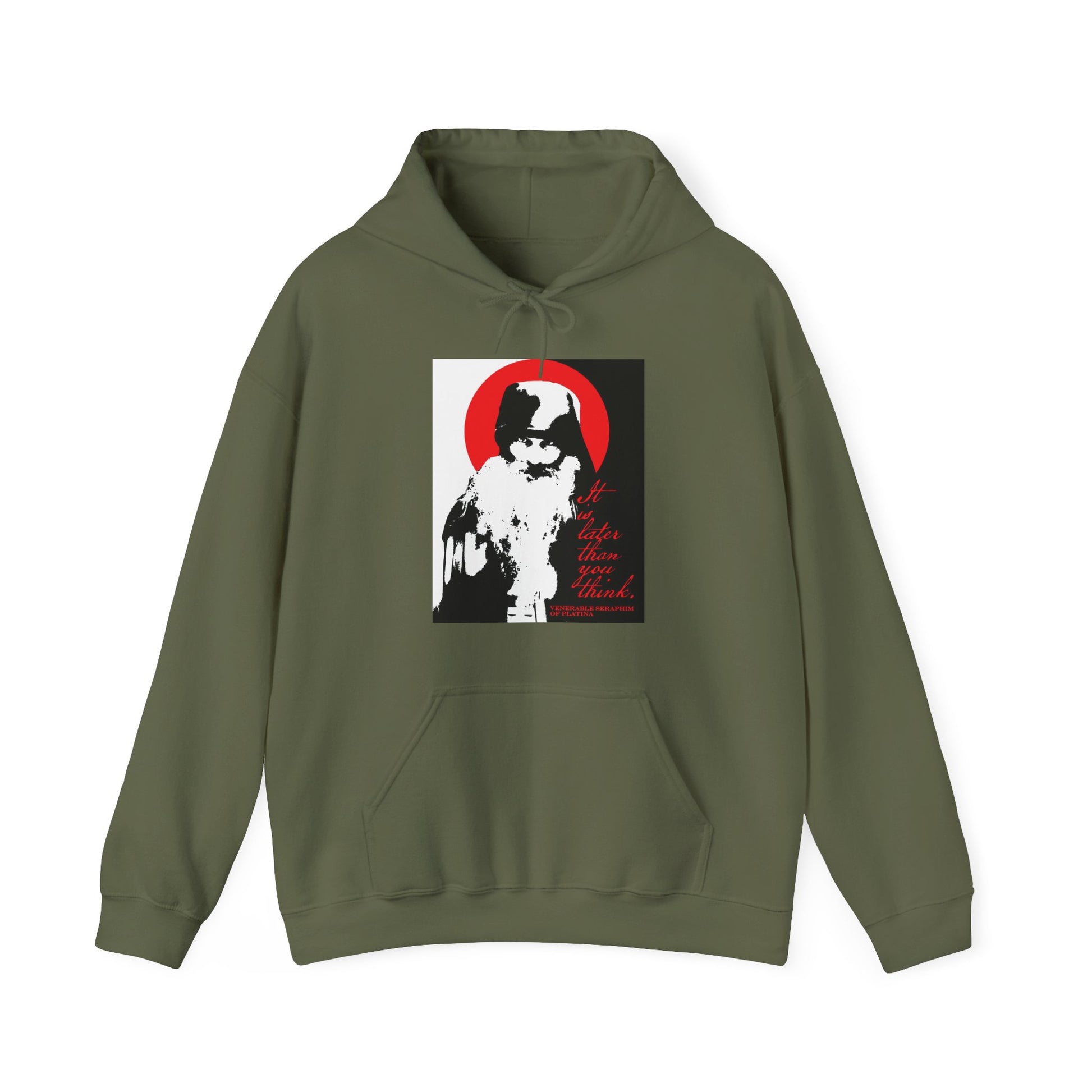 The Remembrance of Death "It's Later Than You Think" hoodie features a bold black-and-white Fr Seraphim Rose graphic on olive, red circle backdrop, and "Life is lighter than you think" text. Front pocket and drawstring hood included. Inspired by Orthodox spirituality.