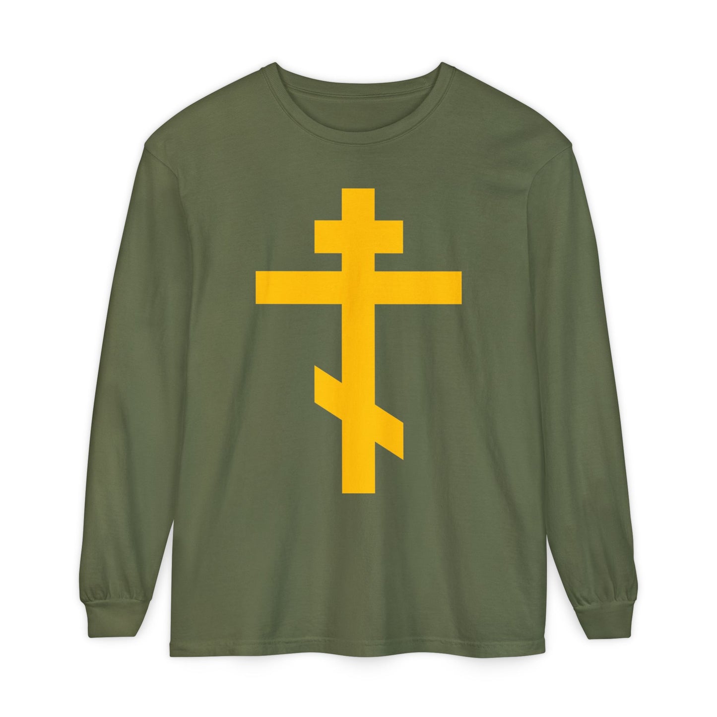 Hemp-colored Christian cotton long sleeve shirt featuring a large yellow Orthodox cross—Precious and Life-Giving Weapon of Unseen Warfare, Scourge of Demons—inspired by Galatians 2:20: "Christ lives in me.