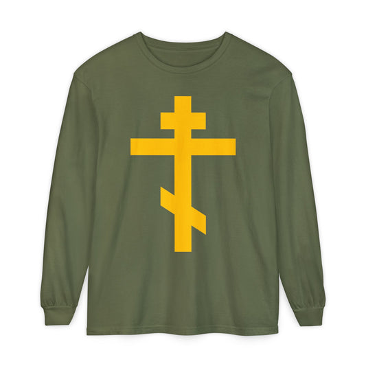 Hemp-colored Christian cotton long sleeve shirt featuring a large yellow Orthodox cross—Precious and Life-Giving Weapon of Unseen Warfare, Scourge of Demons—inspired by Galatians 2:20: "Christ lives in me.