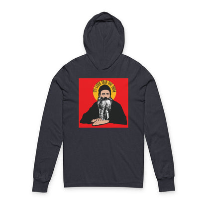 Heather navy hooded shirt featuring a quote from Fr Seraphim Rose in a yellow halo—modern American Orthodox Christian saint—blending spiritual reflection with bold, contemporary design.