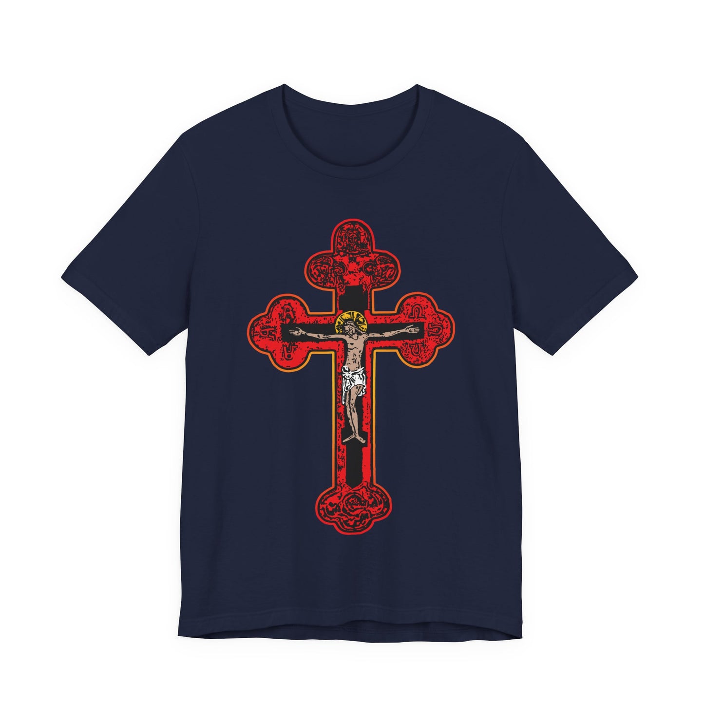 Navy Red Orthodox Christian Crucifix tee featuring a large Byzantine Golgotha Cross and gold Jesus figure, inspired by "I Am Crucified With Christ.” Unisex cotton shirt with Alpha & Omega symbols.