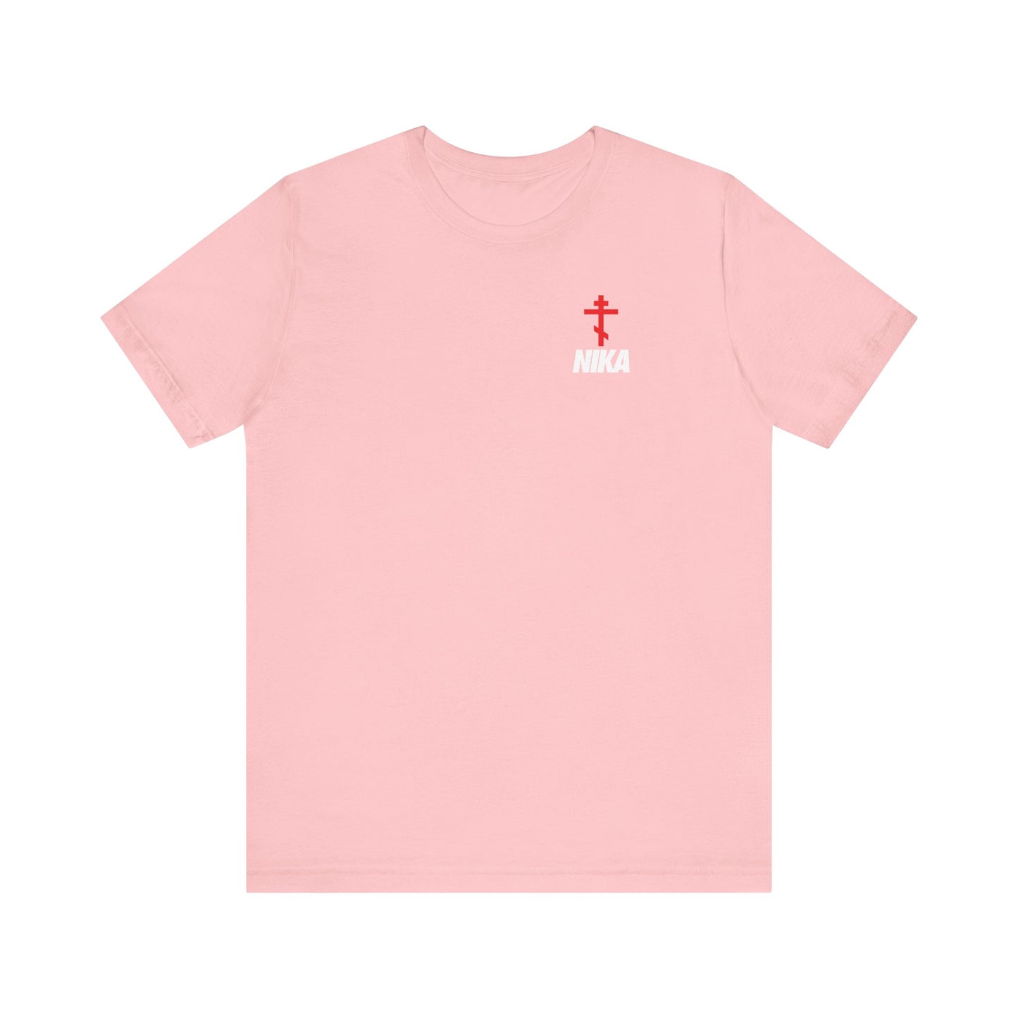 Pink unisex tee with a small Orthodox cross and bold NIKA text on the left chest—NIKE logo mashup referencing "Jesus Christ Conquers" and the Greek meaning of victory. Lightweight cotton, athletic ascetic Christian fashion.
