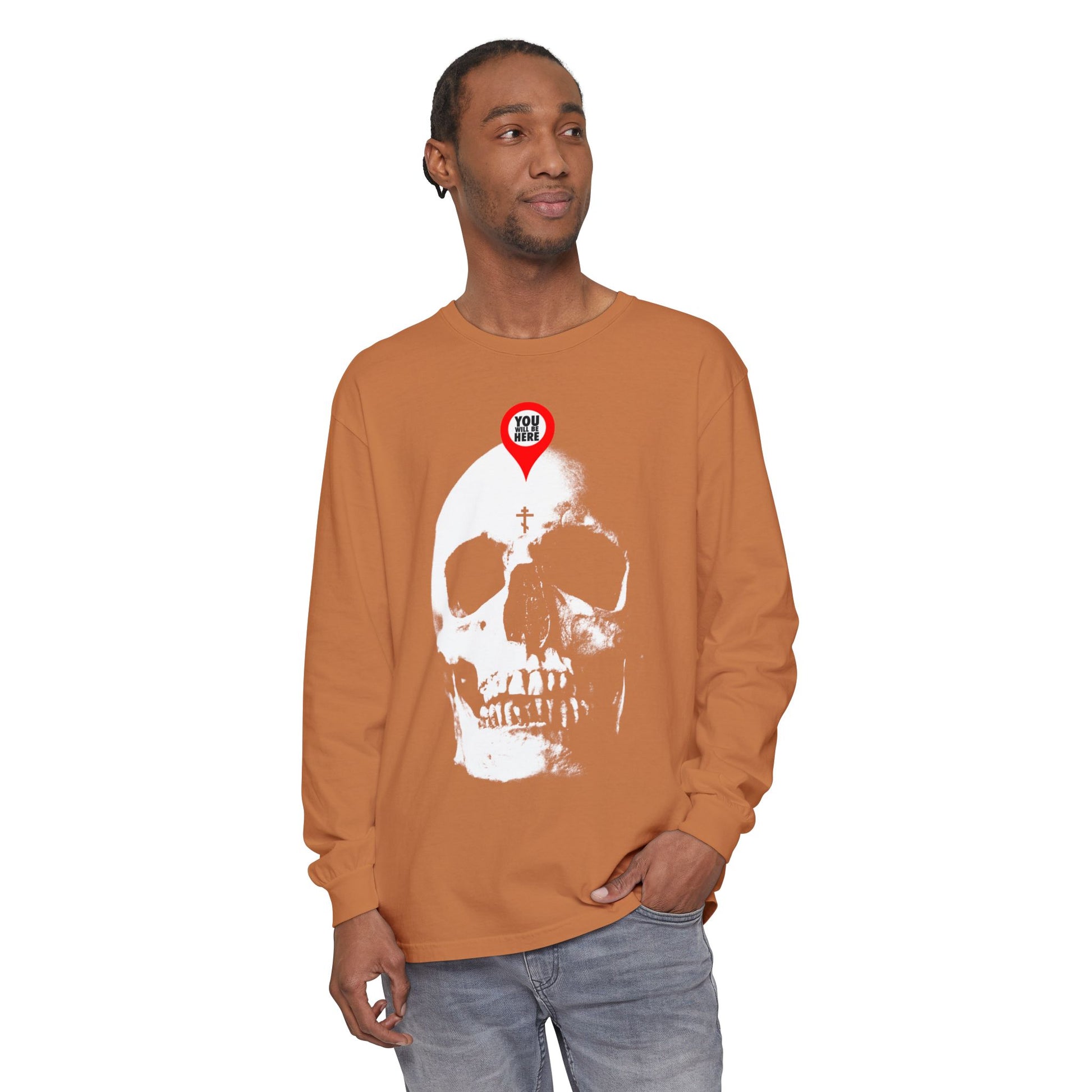 Man wearing the "You Will Be Here Maps Marker on Skull Design" long-sleeve—a memento mori with the message "What You Are I Once Was, Remember You Will Die," blending bold style and reflection.