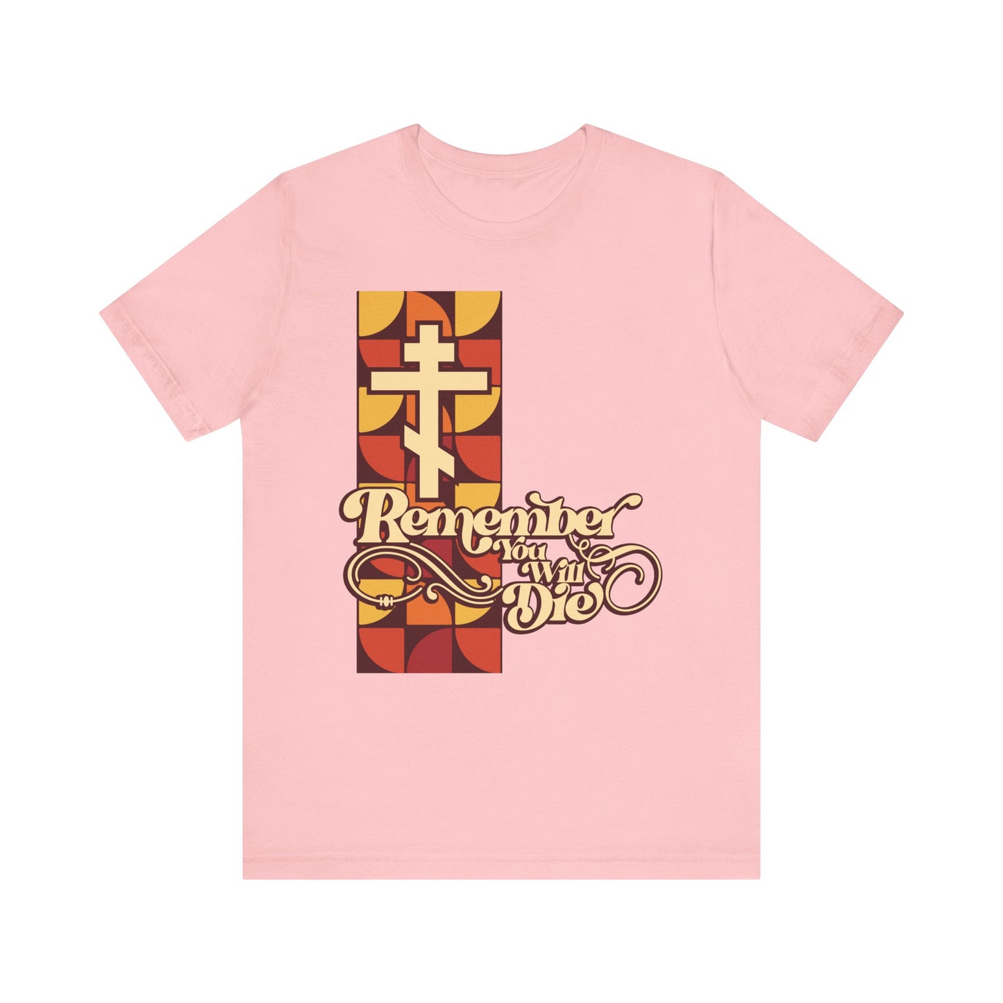 Certainly! Here’s your rewritten sentence using the provided product data: The "Remember You Will Die RYWD 70's Design" Orthodox Christian unisex tee in pink features a lightweight cotton construction, showcasing a geometric cross inspired by the solemnity of Friday Vespers and accented with stylized Remember You Will Die text—a subtle reference to the tradition of Stichera for the Dead.